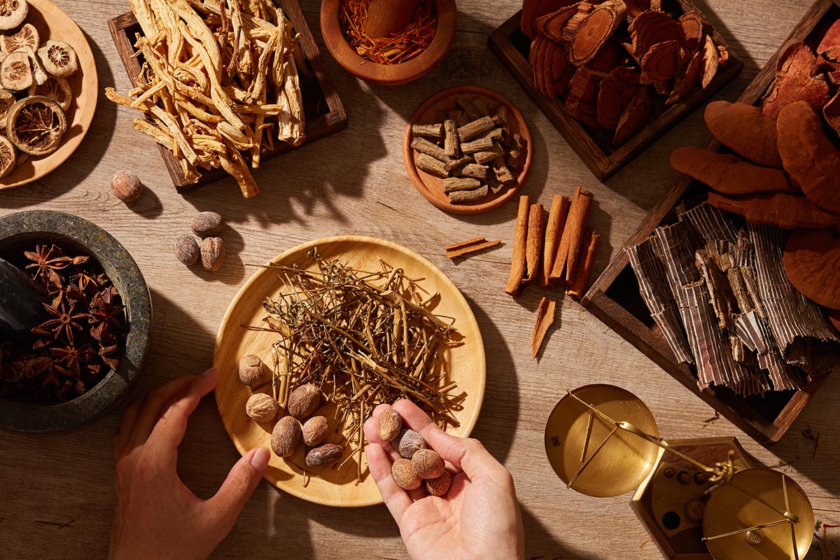 Wooden bowls holding chinese herbs, a common type of over the counter anxiety medication