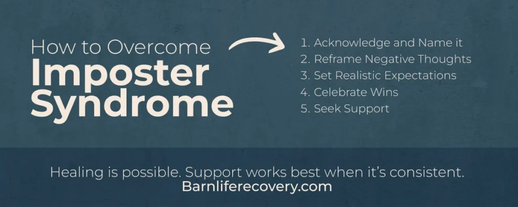 How to overcome imposter syndrome: acknowledge and name it; reframe negative thoughts; set realistic expectations; celebrate wins; seek support