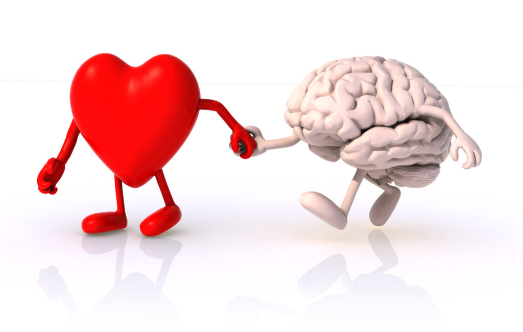 a heart with arms and legs holding hands with a brain that has hands and legs. The two figures are in limerence