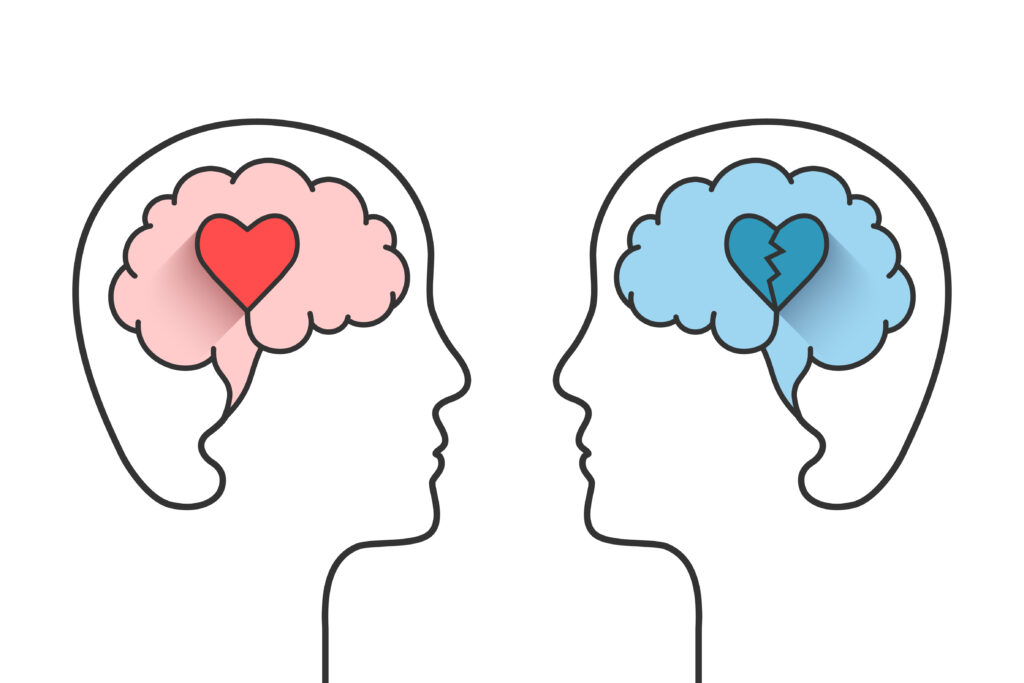 the essence of transactional analysis, two shapes of heads with one filled with love and the other discontent and unhappiness